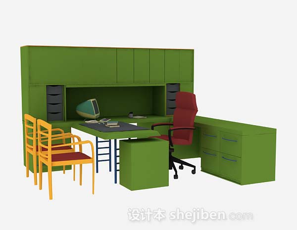 现代风格绿色办公桌椅组合3d模型下载