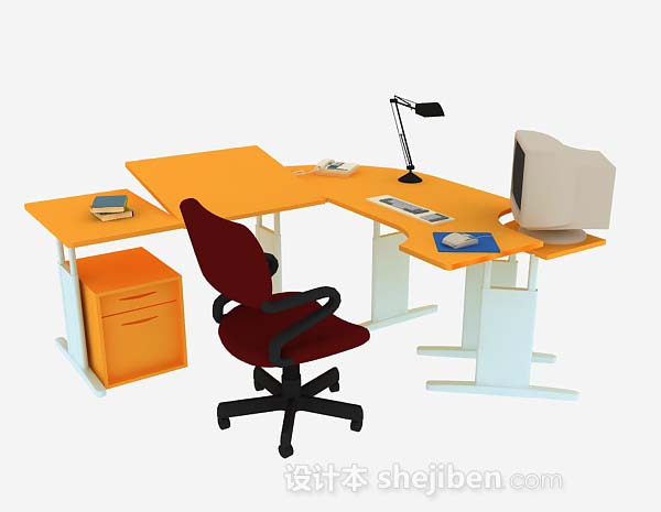 黄色办公桌椅组合3d模型下载