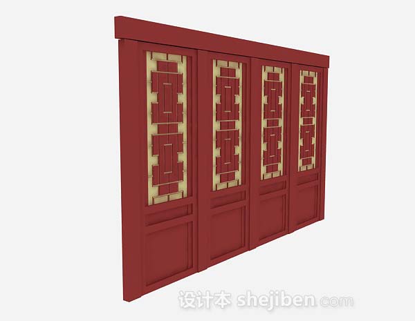 免费中式红色木质门3d模型下载