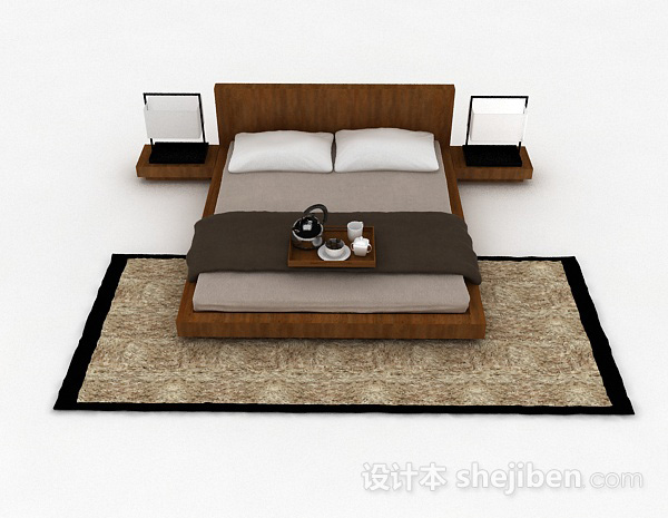 现代风格简约木质双人床3d模型下载
