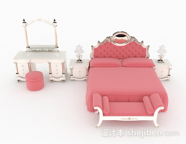 欧式风格欧式粉色双人床3d模型下载