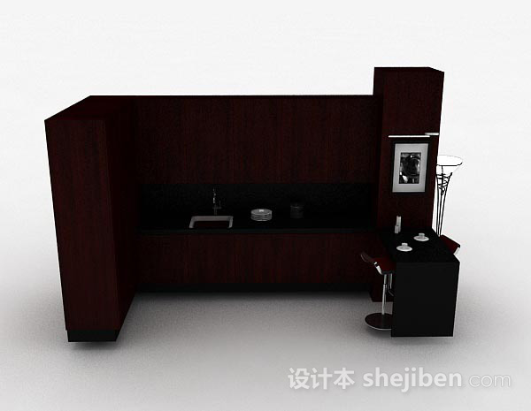 现代风格深红色U型木质整体橱柜3d模型下载