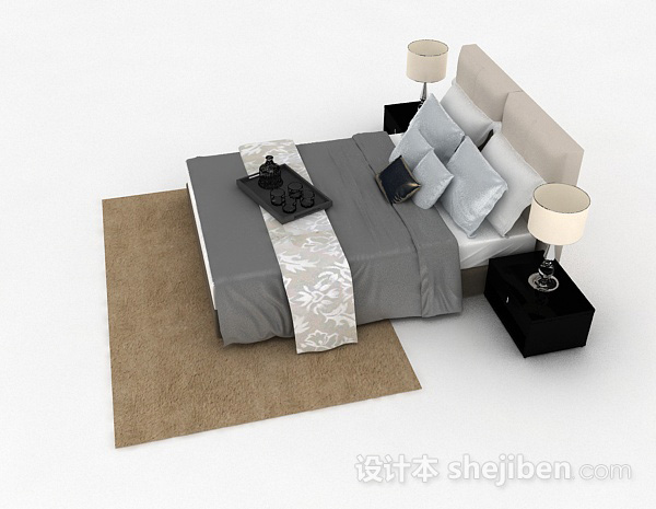 设计本灰色双人床3d模型下载