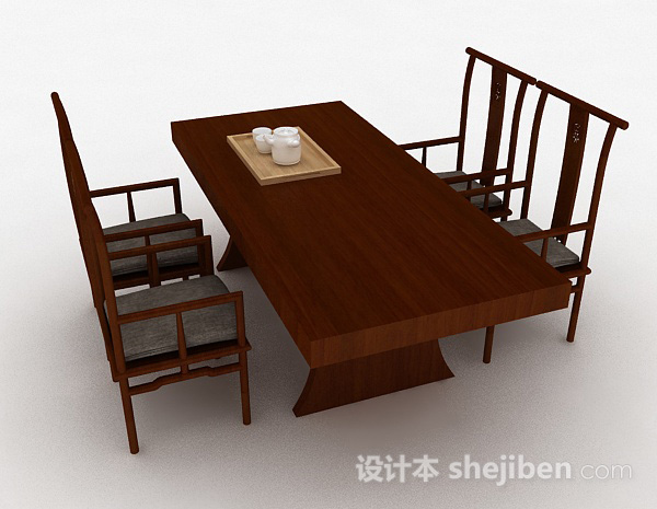 设计本中式木质餐桌椅组合3d模型下载