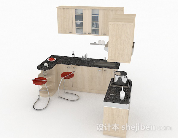 现代风格米白色L型木质整体橱柜3d模型下载