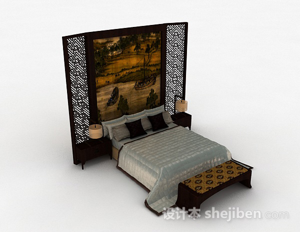中式木质双人床
