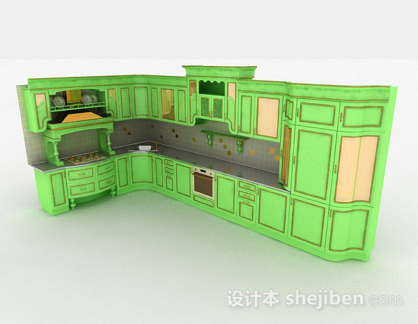 欧式风格绿色L型整体橱柜3d模型下载