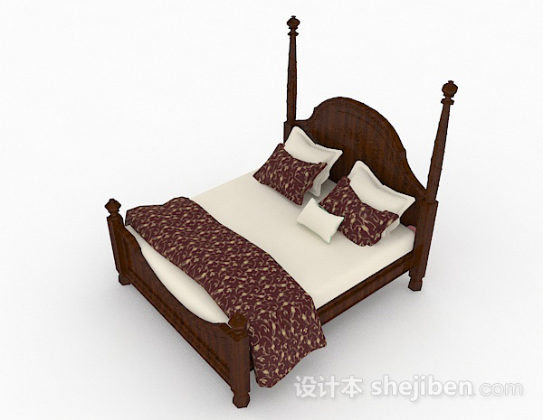 棕色实木双人床3d模型下载