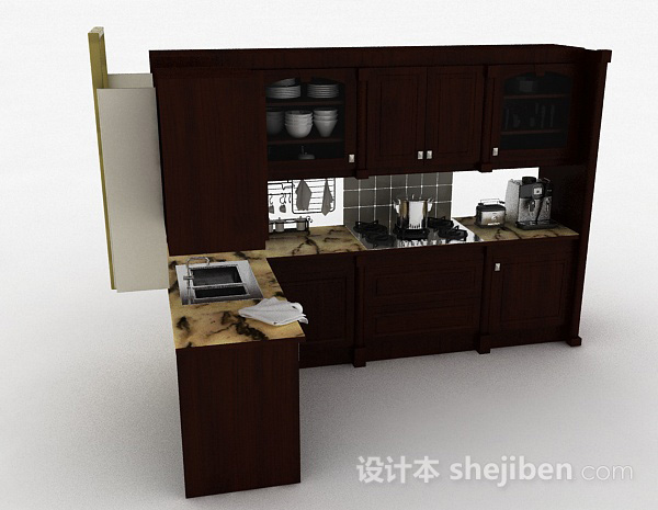 现代风格深棕色L型木质整体橱柜3d模型下载