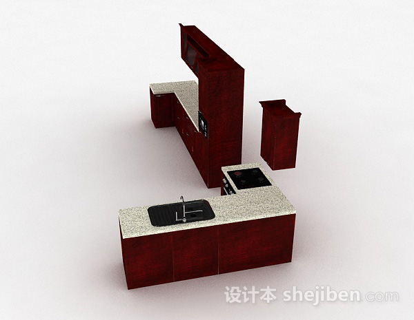 设计本U字形棕红色整体橱柜3d模型下载
