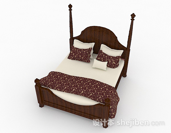 现代风格棕色实木双人床3d模型下载