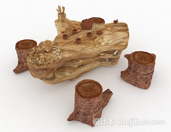 中式木质茶几组合3d模型下载