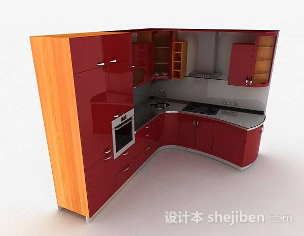 免费现代风格酒红色烤漆门整体橱柜3d模型下载