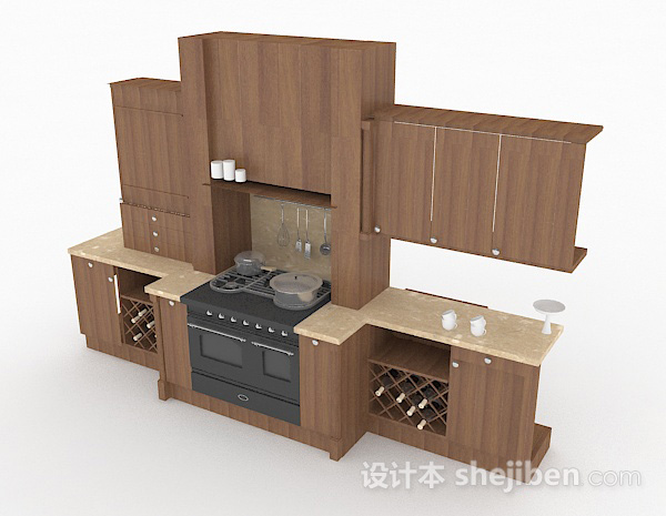 现代风格现代风格棕色木质整体橱柜3d模型下载