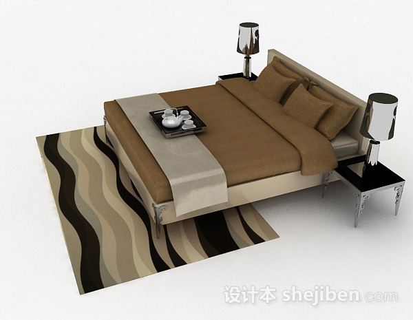 设计本棕色简约双人床3d模型下载