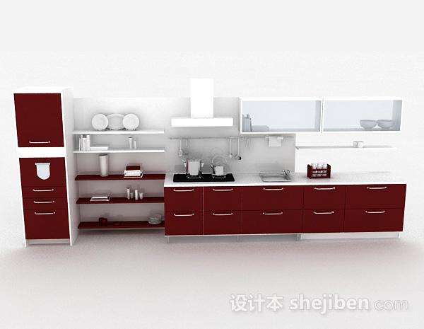 现代风格简约红色整体橱柜3d模型下载