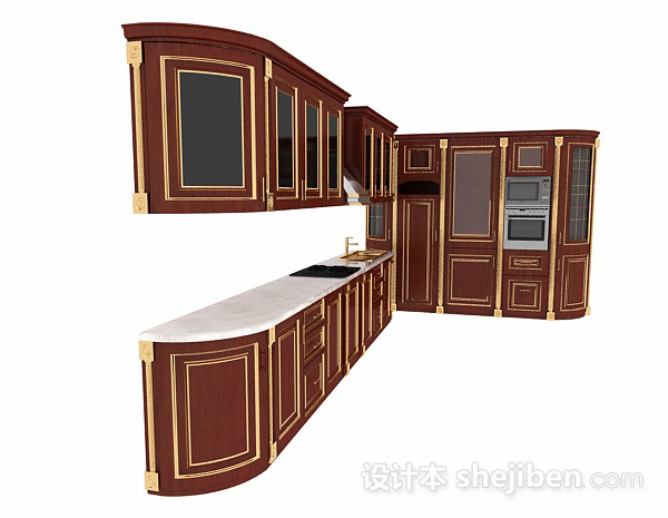 设计本棕色欧式L型木质整体橱柜3d模型下载
