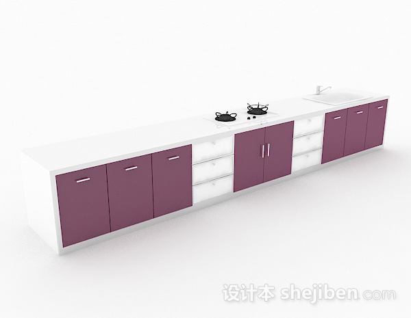 深紫色一字型整体家居橱柜3d模型下载