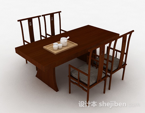中式木质餐桌椅组合3d模型下载