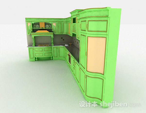 设计本欧式风格绿色L型整体橱柜3d模型下载