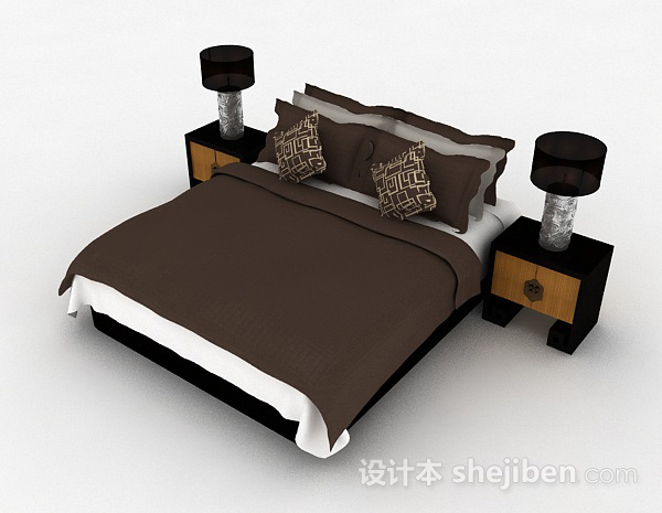 免费棕色双人床3d模型下载