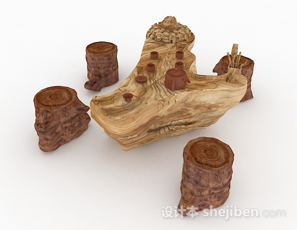 设计本中式木质茶几组合3d模型下载