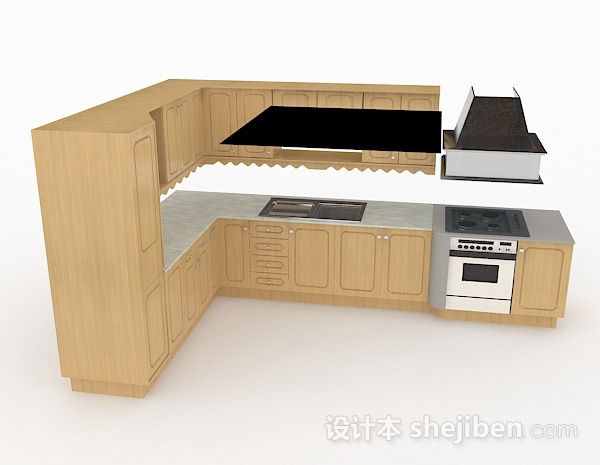 设计本L型米黄色木质整体橱柜3d模型下载