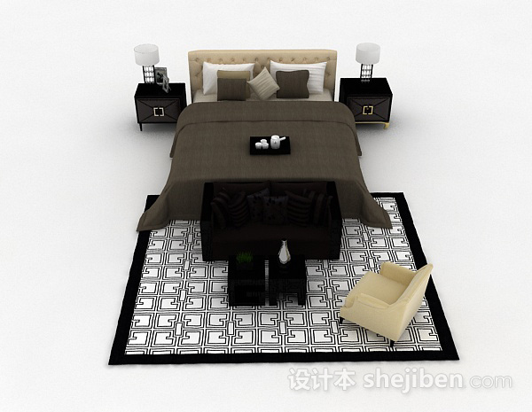 现代风格棕色木质双人床3d模型下载
