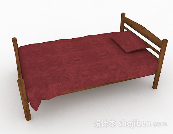 设计本红色木质单人床3d模型下载