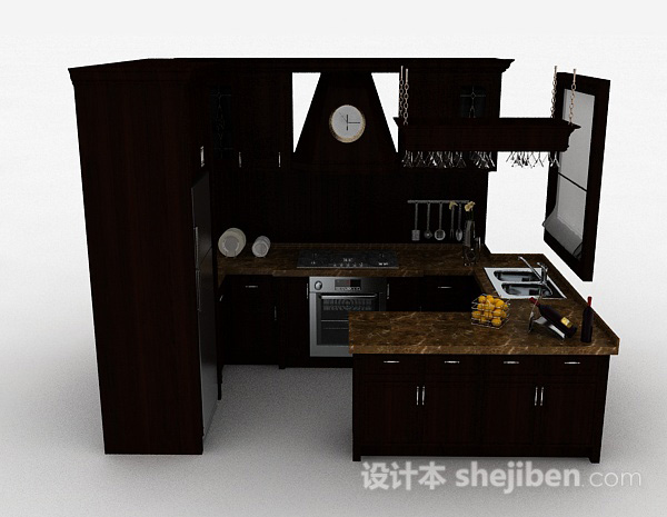 欧式木质小空间整体橱柜3d模型下载