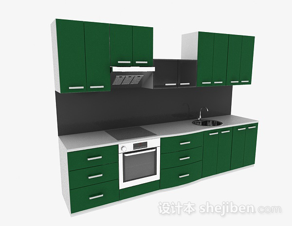 免费最新现代风格绿色一字型上下层橱柜3d模型下载