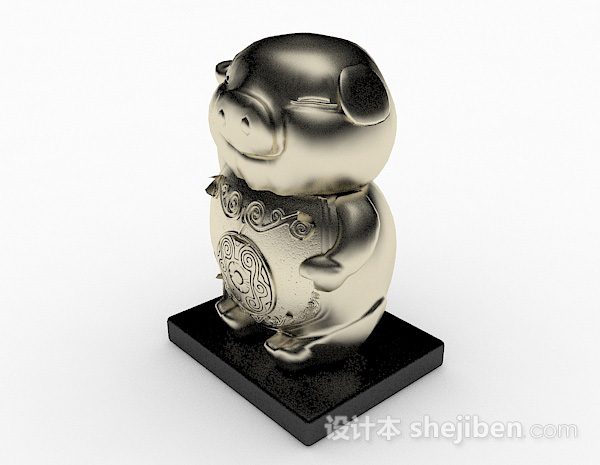 中式风格土豪金色金属财运猪雕花摆件3d模型下载