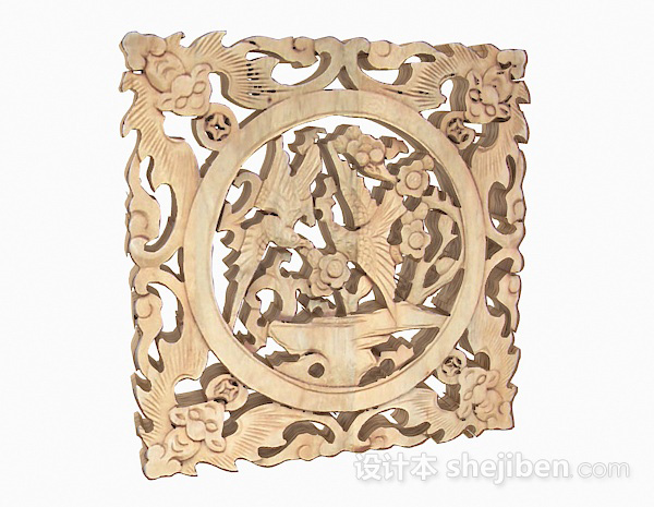 中式原木色镂空艺术雕花窗户3d模型下载
