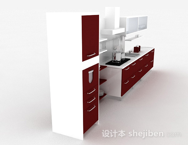 设计本简约红色整体橱柜3d模型下载