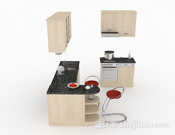 设计本米白色L型木质整体橱柜3d模型下载