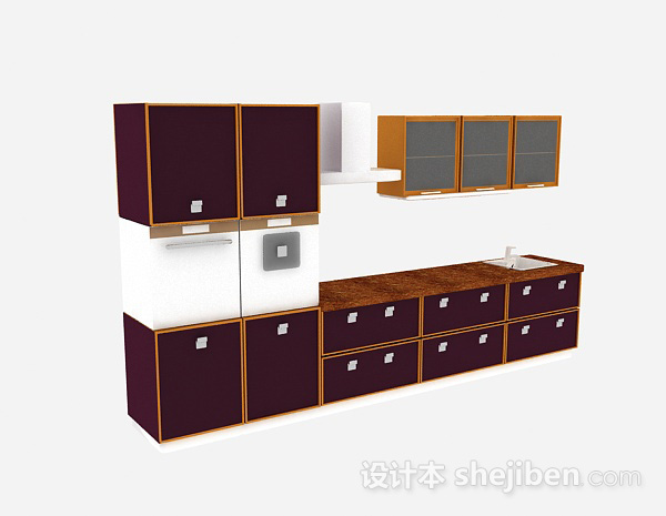 现代风格深紫色木质整体橱柜3d模型下载