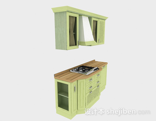 设计本现代风一字型嫩绿色时尚橱柜3d模型下载