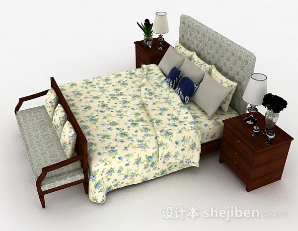 设计本花纹双人床3d模型下载