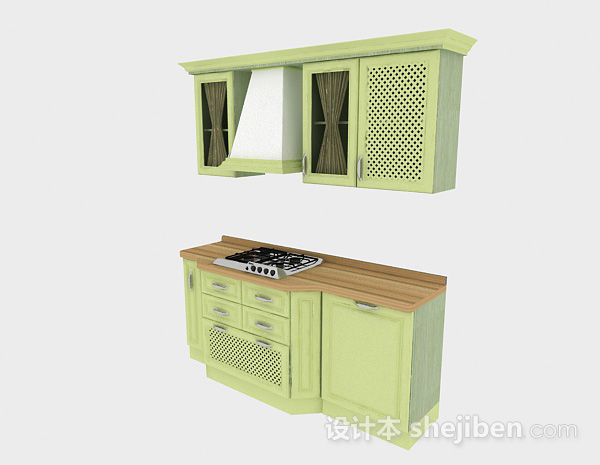 现代风一字型嫩绿色时尚橱柜3d模型下载