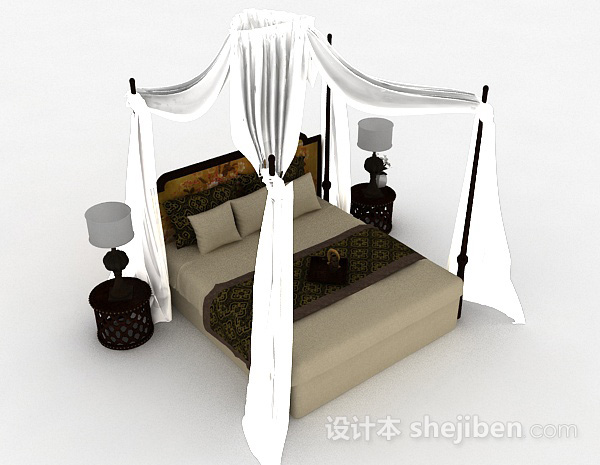 东南亚风格双人床3d模型下载