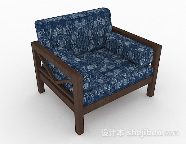 田园蓝色花纹单人沙发3d模型下载