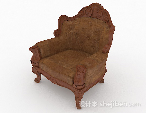 欧式风格欧式复古棕色木质单人沙发3d模型下载