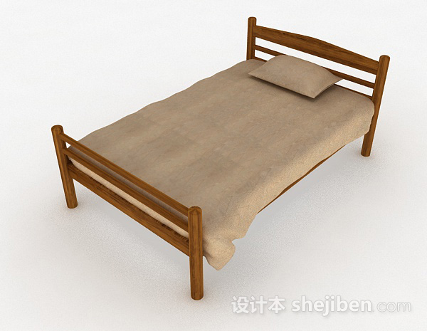 免费棕色木质单人床3d模型下载
