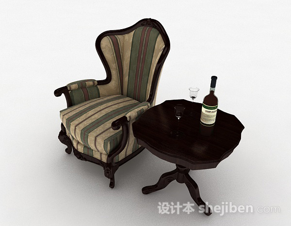 欧式风格欧式复古条纹单人沙发3d模型下载