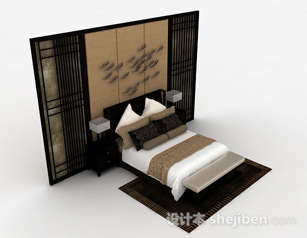 中式风格双人床3d模型下载