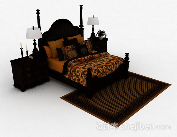 新中式棕色双人床3d模型下载