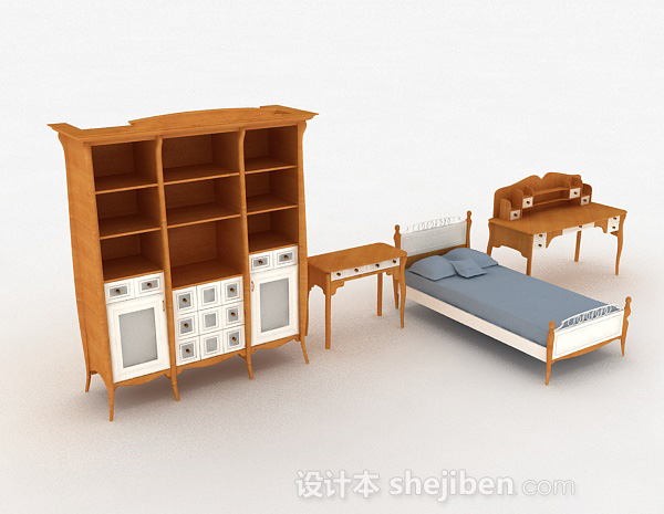 木质家居床柜组合3d模型下载