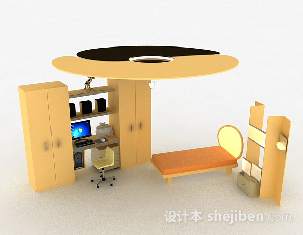 黄色床柜组合3d模型下载