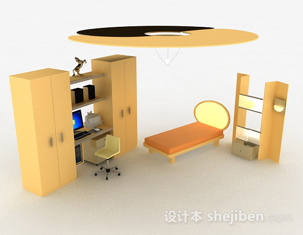 免费黄色床柜组合3d模型下载