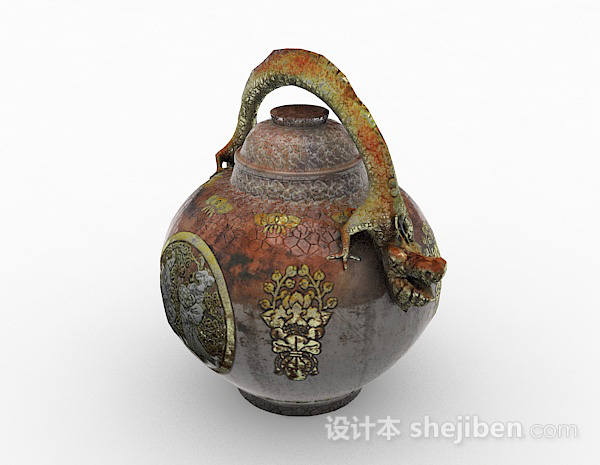 免费中式风格陶瓷雕刻大肚茶壶3d模型下载